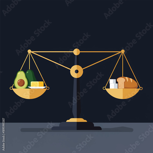 Balanced keto diet scale with healthy foods and ingredients