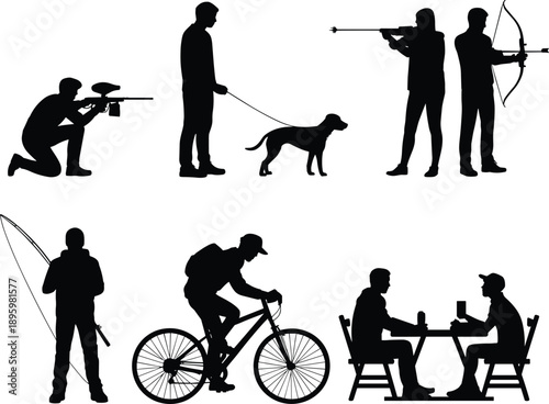 Black silhouettes of people in various outdoor activities including paintball, dog walking, archery, fishing, cycling, and cafe conversation isolated on white background