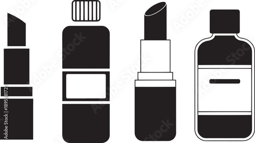 Black and white illustration of cosmetic products including lipstick and perfume bottles vector