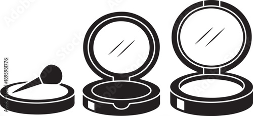 Black and white illustration depicting a makeup compact and brush set design