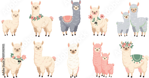 Cute Llama And Alpaca Characters Set With Flowers Pastel Farm Animals Cartoon Vector Illustration