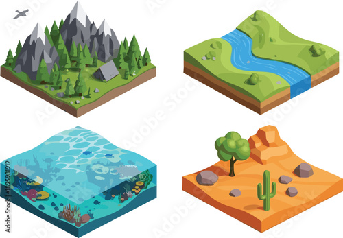 Isometric natural landscape biomes illustration showing mountains forest river desert and ocean environments for geography education game design infographic and environmental concept art