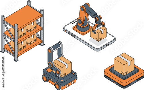 Isometric warehouse automation illustration featuring robotic arms mobile robots smart shelves and package handling technology for logistics fulfillment manufacturing and ecommerce operations
