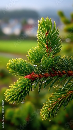 Close-up of vibrant green pine needles with water droplets, natures beauty.