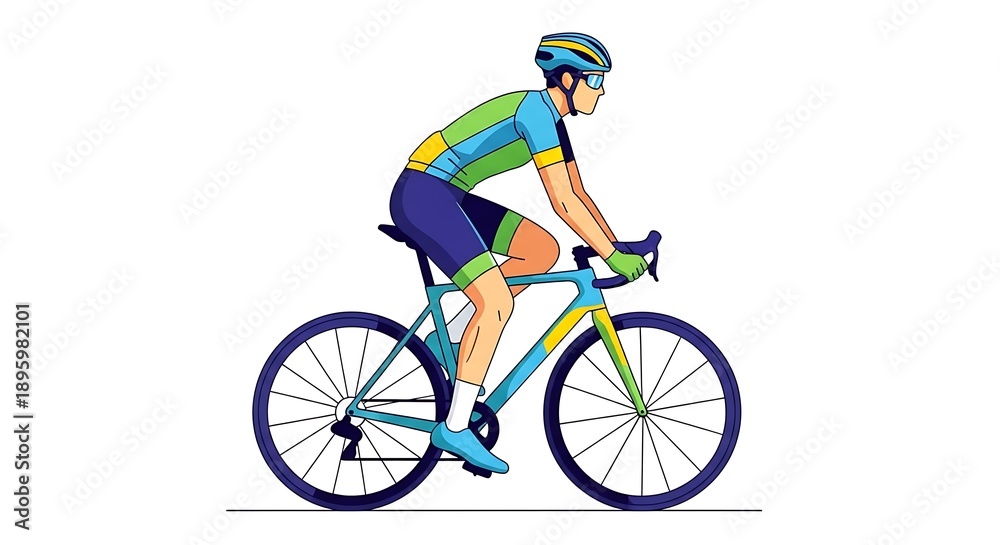 Obraz premium Cyclist in colorful racing attire riding a road bike, showing speed, sport, fitness, and the joy of cycling on a white background.