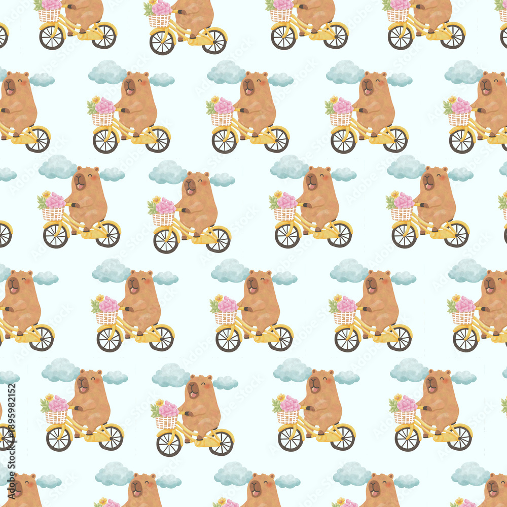 Obraz premium Cute Summer Capybara Seamless Pattern, Watercolor Beach Animal Background