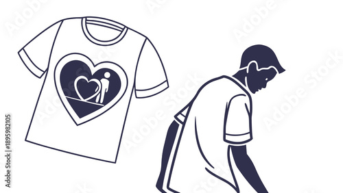Man wearing a t-shirt with a heart design featuring a person giving a hug, standing in a contemplative pose