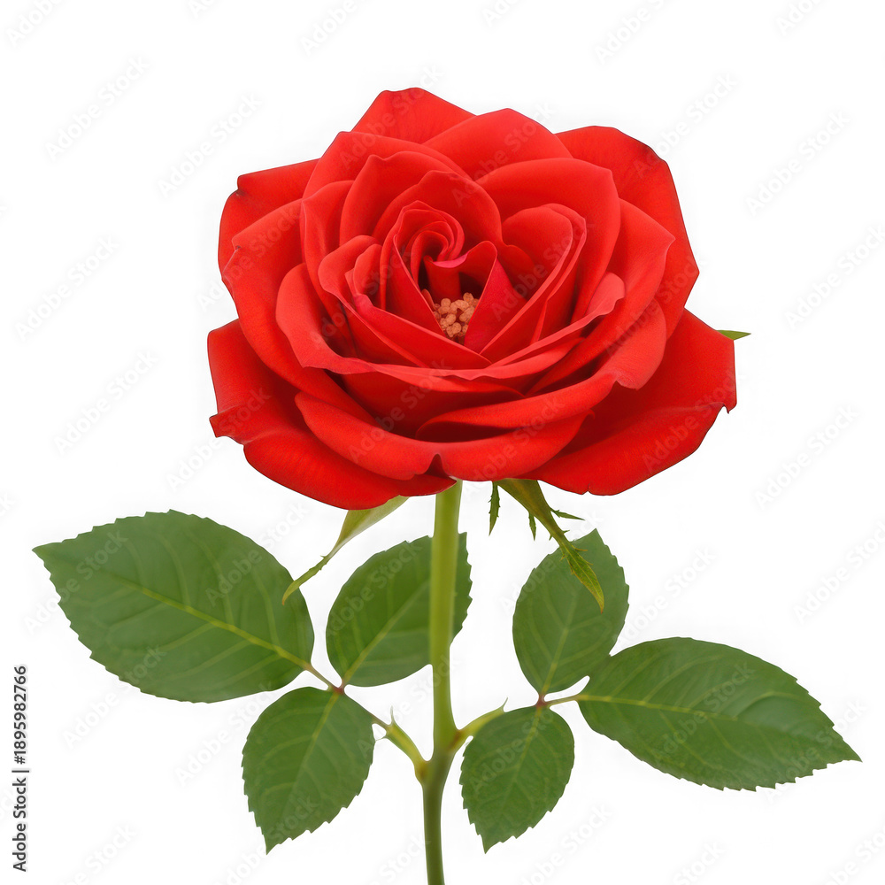 Fototapeta premium Single red rose with green leaves