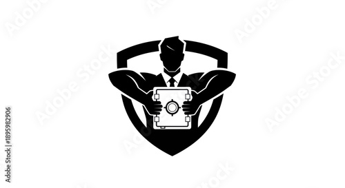 Strong businessman holding a safe