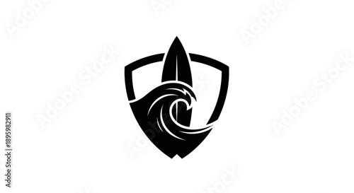 Surfboard and wave in shield logo
