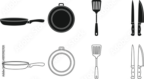 Kitchen cookware and utensils silhouette and outline icon set featuring frying pan spatula knife and pot for cooking food preparation design and restaurant graphics