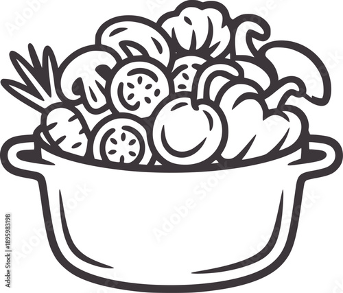 Black and line of a pot filled with assorted vegetables food