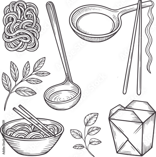 Black and of Asian food including noodles soup and takeout box ladle bowl chopsticks