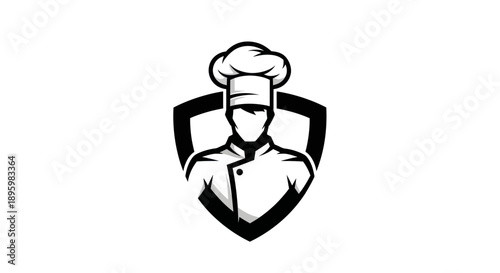 Chef silhouette in chef hat and uniform inside shield emblem