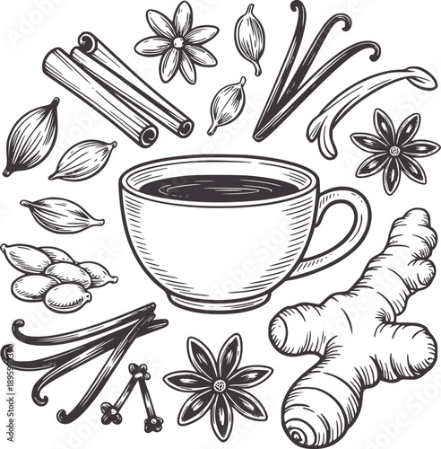 Black and of hot beverage cup surrounded by spices white cinnamon