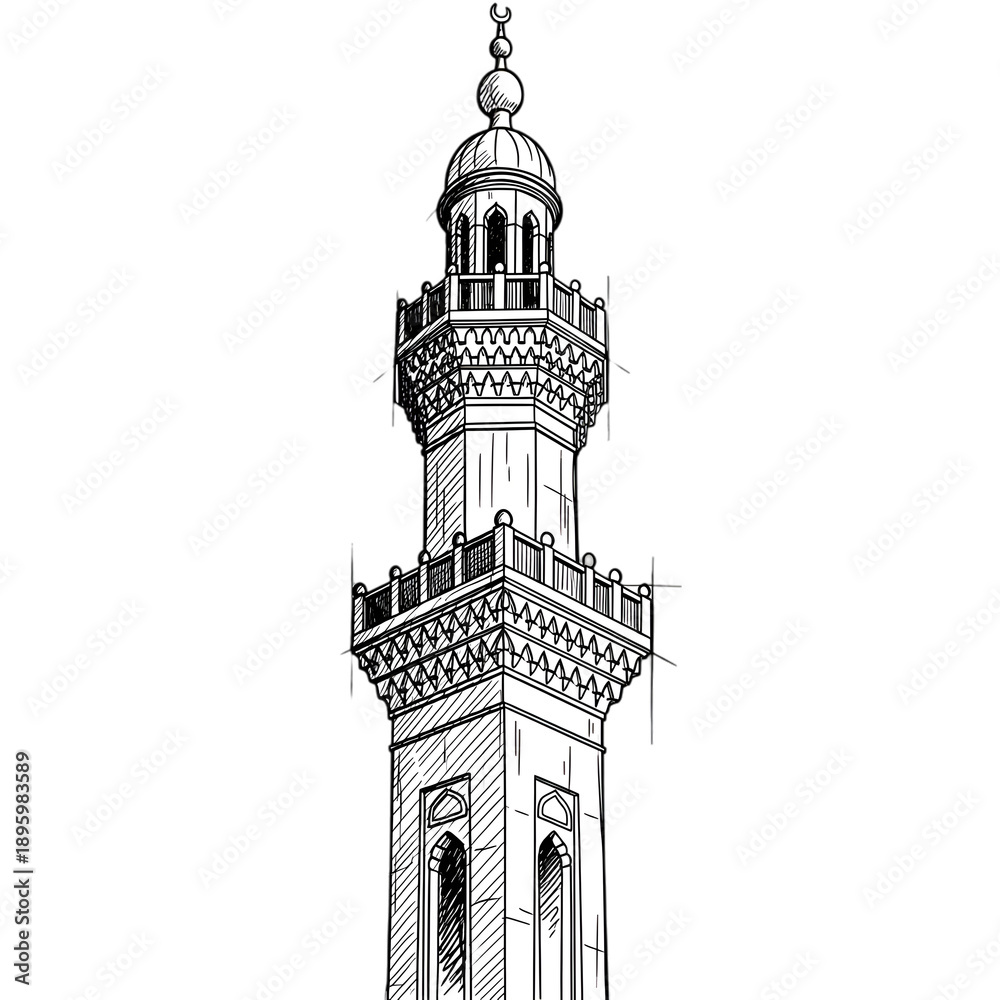 Obraz premium Tall Black and White Illustration of a Traditional Minaret Tower