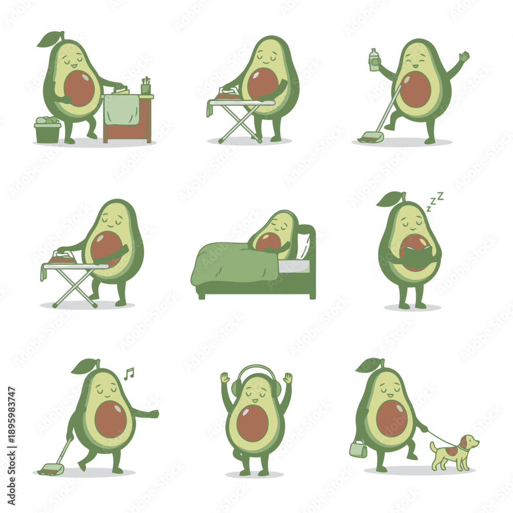 Fototapeta premium Avocado character daily life activities collection with ironing cleaning sleeping reading listening to music and walking the dog vector illustration