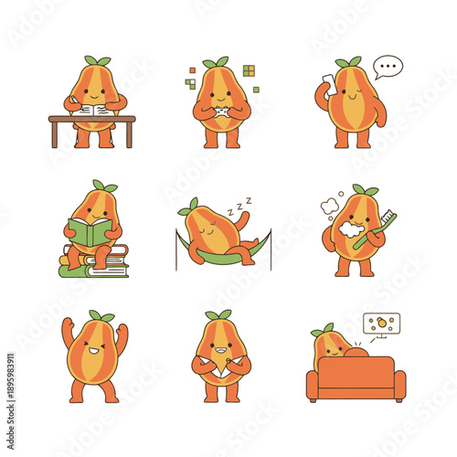Papaya fruit character daily routine collection showing writing gaming calling reading napping bathing and relaxing on sofa vector illustration