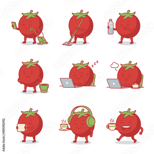 Red tomato character mascot set featuring vacuuming mopping yawning working on laptop drinking coffee and running happy flat vector illustration