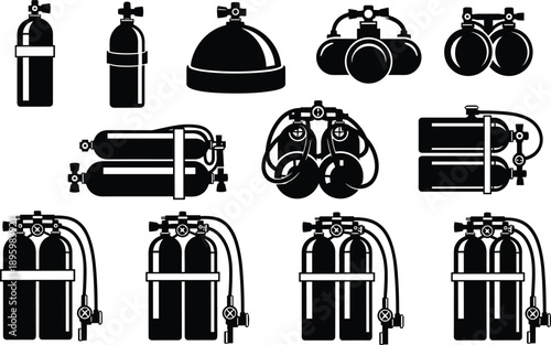 Set of scuba diving equipment icons including tanks, masks, regulators, and hoses in black silhouette on gray background