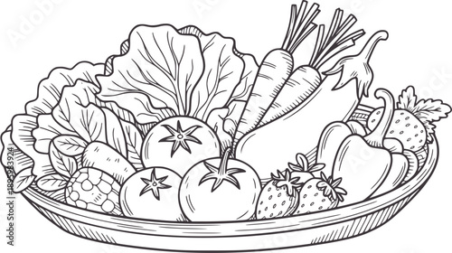 Hand drawn monochrome line of fresh vegetables and fruits in a bowl