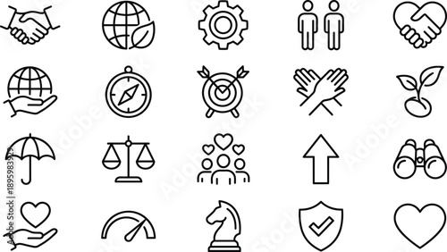 Minimal trust teamwork and business values outline icon set for leadership ethics growth user interface web app vector