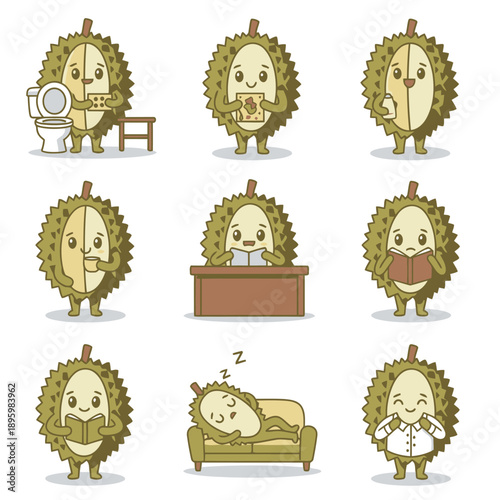 Durian fruit character mascot set showing bathroom use eating medicine drinking reading sleeping and wearing shirt flat vector illustration