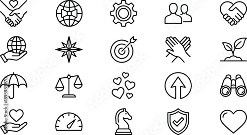Minimal values trust and business ethics outline icon set for leadership teamwork growth user interface web app vector