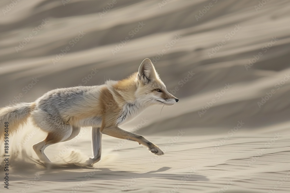 Fototapeta premium Ruppell's fox running across sand dunes in a desert environment, displaying its agility and natural habitat