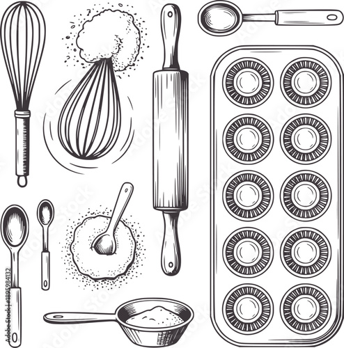 Monochromatic of Baking Utensils and Ingredients whisk rolling muffin