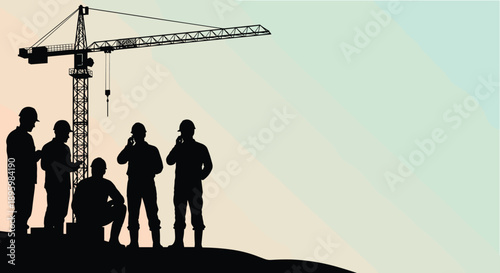 Construction workers silhouette, teamwork on site, tower crane at sunset, industrial development, planning and discussion, engineering workforce, building teamwork, dusk skyline, labor force unity