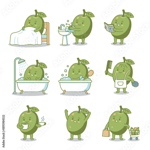Collection of green olive character mascot doing daily activities including sleeping washing hands reading bathing grooming and grocery shopping