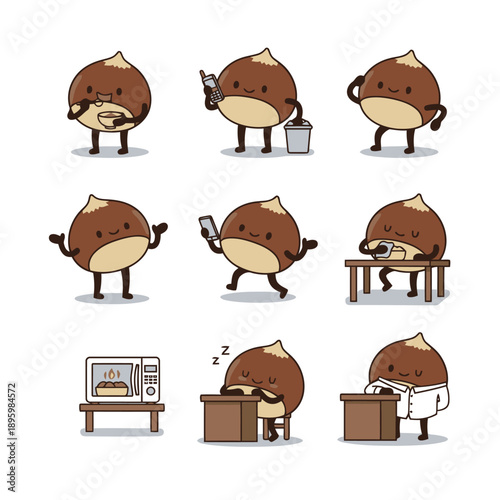 Cute Chestnut Character Set Featuring Various Daily Activities Like Eating Cooking Sleeping Working Talking On Phone and Wearing Lab Coat Isolated On White
