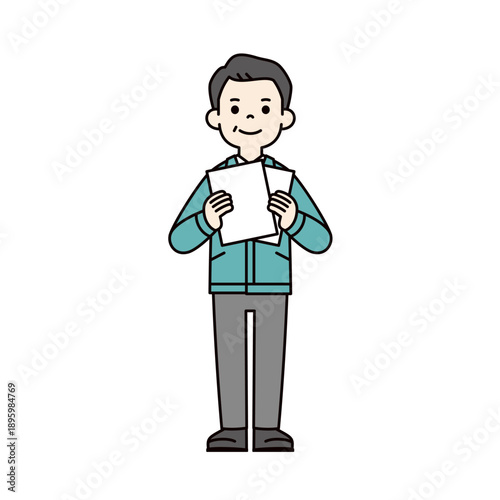 白い書類を持つ、作業着を着た50代・60代のビジネスマン・経営者の全身ベクターイラスト素材