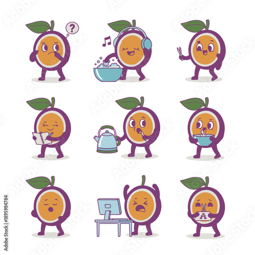 Passion Fruit Character Icons Showing Different Emotions And Tasks Including Listening To Music Cooking Cleaning Thinking And Using Computer Screen
