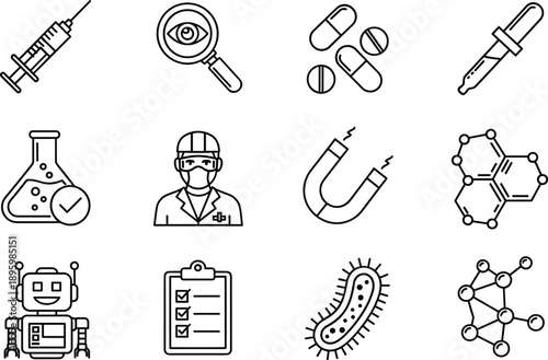 Black and White Science and Medical Icons Featuring Research, Chemistry, Robotics, Microbiology, Observation, and Laboratory Tools
