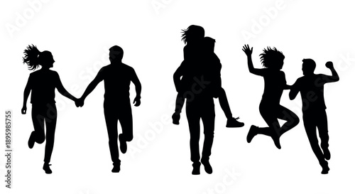 Black silhouettes of five people running and jumping in different poses against a clean white background.