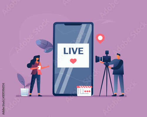 Live streaming concept with people filming and a smartphone display