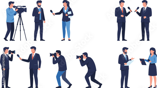 Journalist Interview And Media Coverage Characters Set With Reporters Cameramen And Microphones Flat Vector Illustration