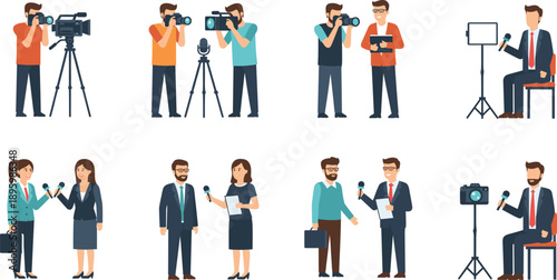 Journalist And Reporter Interview Scene Set With Camera Crew Microphones And Media Coverage Flat Vector Illustration