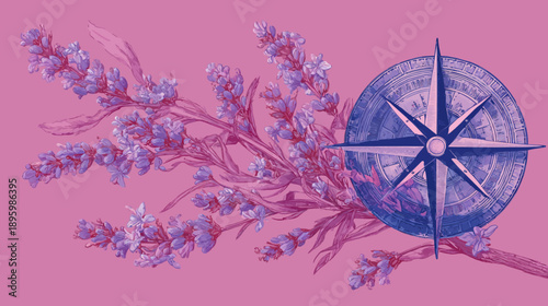 Lavender sprigs grace the edge, complementing a textured compass against a pink backdrop