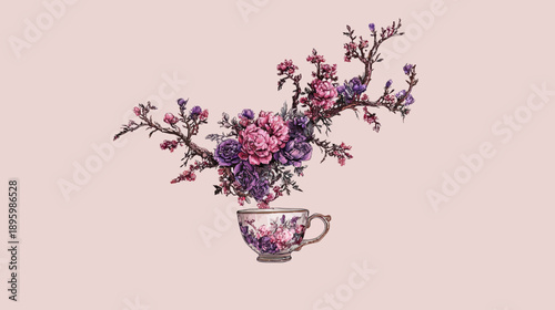 Floral arrangement of vibrant flowers pouring from ornate teacup against a blush background