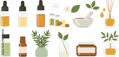 Herbal Medicine And Natural Skincare Elements Set With Bottles Oils Plants And Organic Remedies Flat Vector Illustration