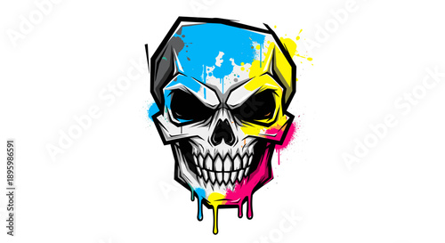 Colorful Skull with Paint Splatters and Drips.