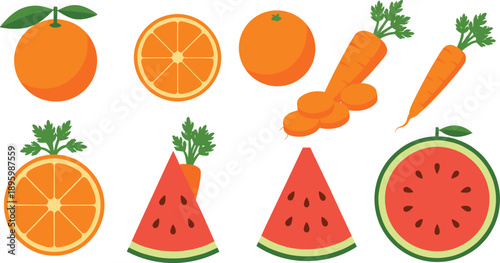 Fresh fruits and vegetables illustration set with oranges carrots and watermelon slices healthy food flat vector design