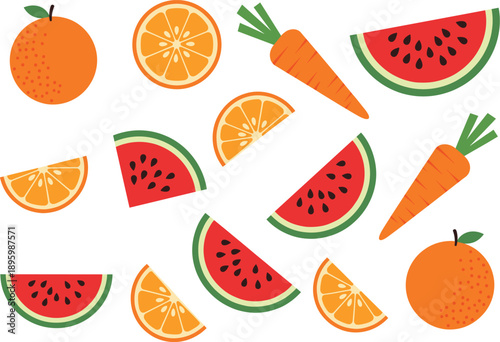 Fresh fruits and vegetables pattern illustration with oranges watermelon slices and carrots healthy food flat vector design