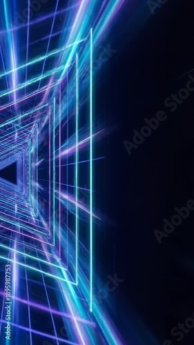 Seamless loop vertical animation of fast moving neon square corridor. Blue and pink cyber grid lines. Cyberpunk sci-fi background for mobile stories.
