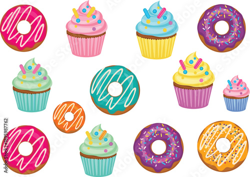 Colorful cupcakes and donuts illustration set with icing sprinkles frosting and sweet bakery desserts flat vector design