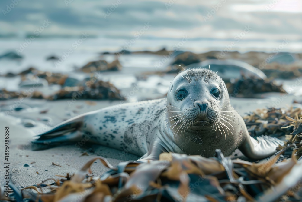 Obraz premium Adorable baby seal relaxing on sandy beach with seaweed, enjoying the warm sunset glow