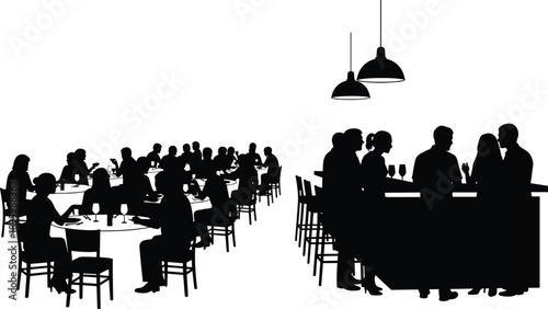 People silhouettes in restaurant and bar interior showing social gathering, business meeting, dining crowd and nightlife scene, modern hospitality illustration isolated on white